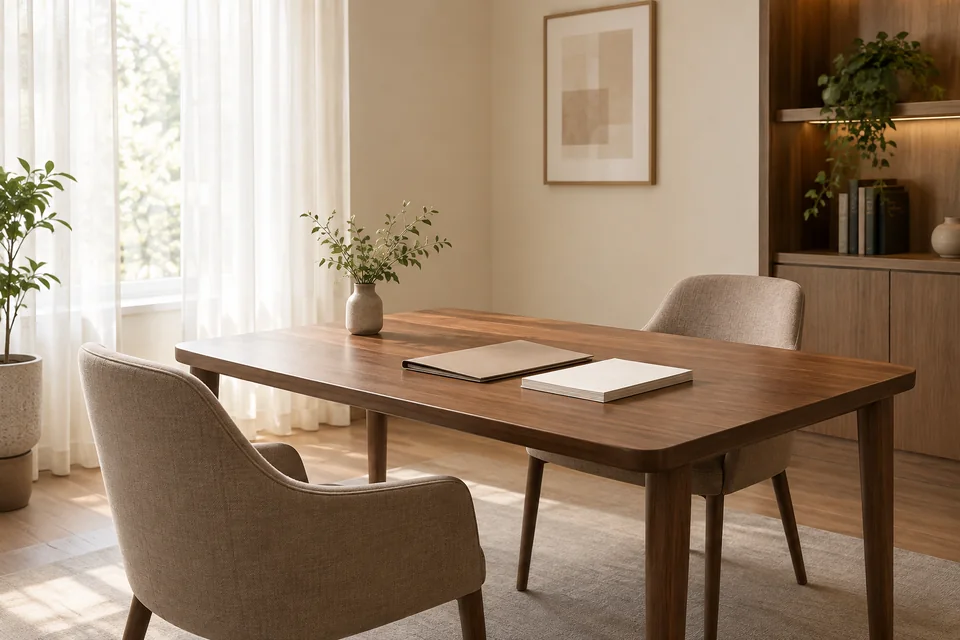 Illustrative consultation setting with a warm wood table and two chairs